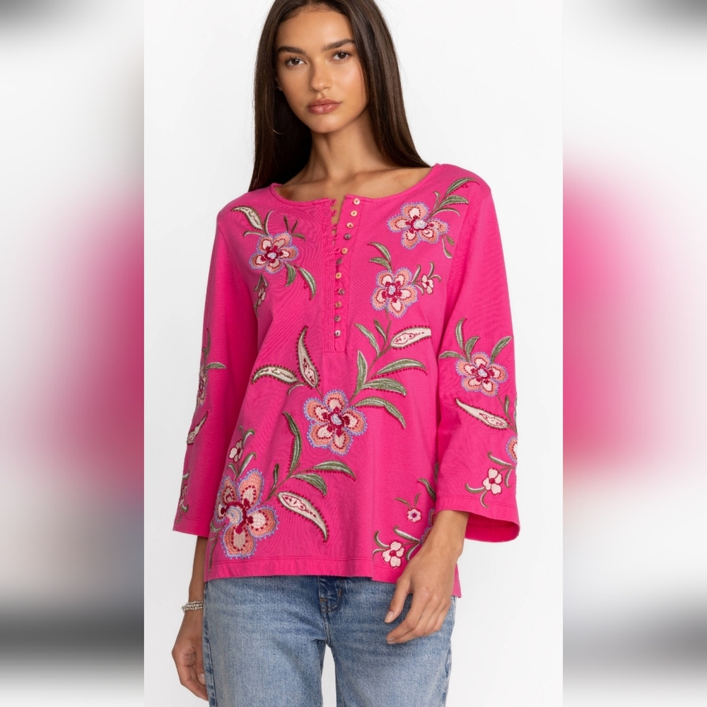 JOHNNY WAS LIBBI 3/4 SLEEVE BUTTON FRONT TEE XXL